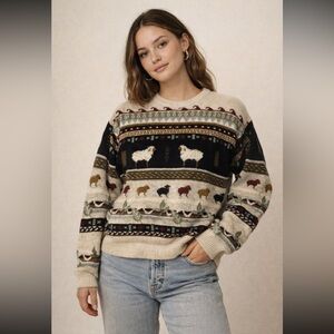 Vintage Woolrich Sheep Sweater M Silk Ramie Popcorn Stitch Oversized Novelty